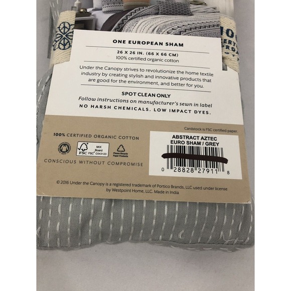 Under The Canopy Euro Sham Gray White Abstract Aztec 100% Organic Cotton 26 x 26 - Picture 7 of 9